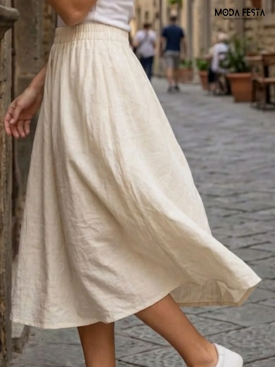 ModaFesta -ivory-textured-cotton-linen-flowy-skirt